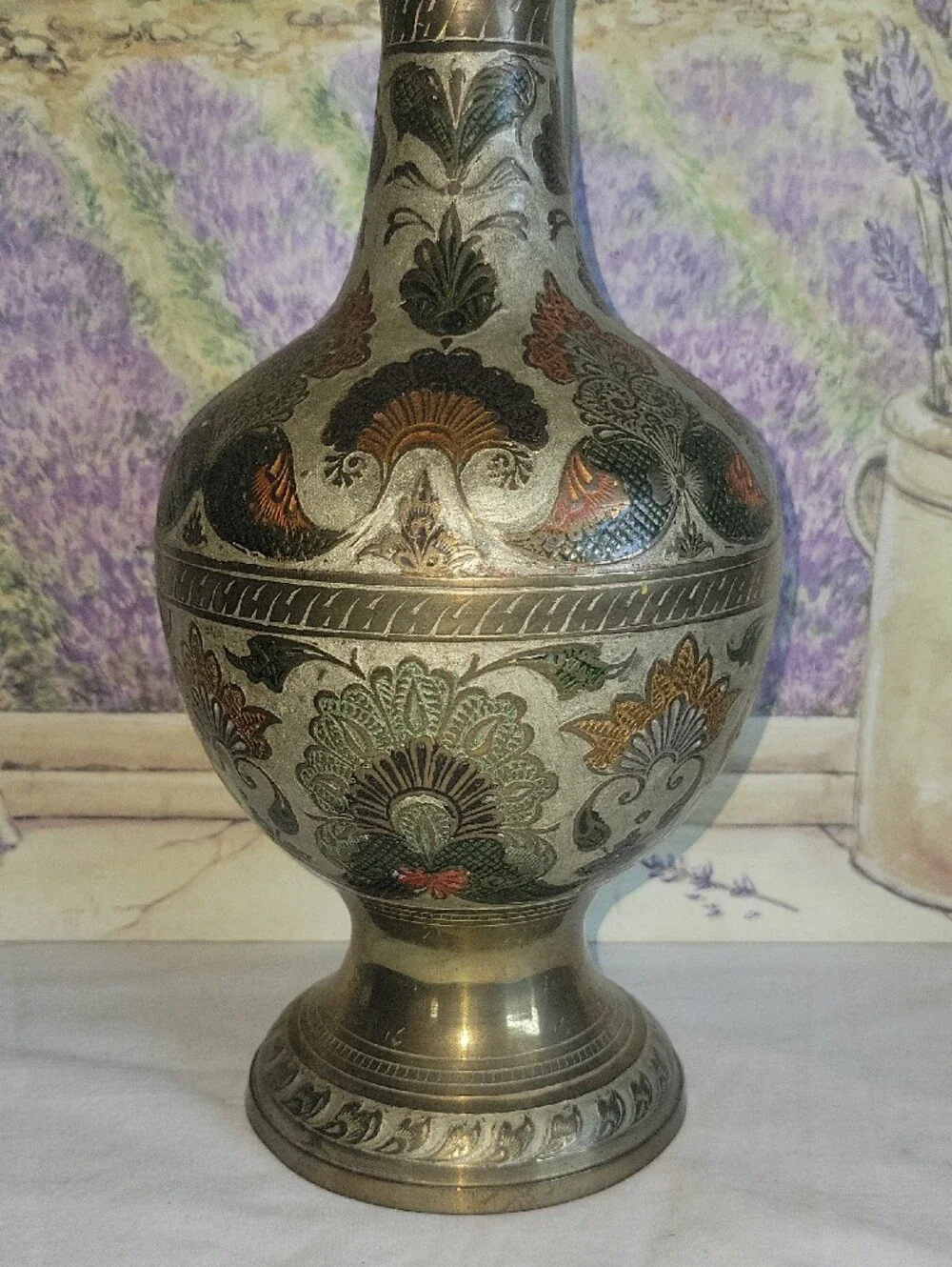 Vintage Penco Industries Brass Vase Enameled Etched Floral India Boho 1970s 14.5